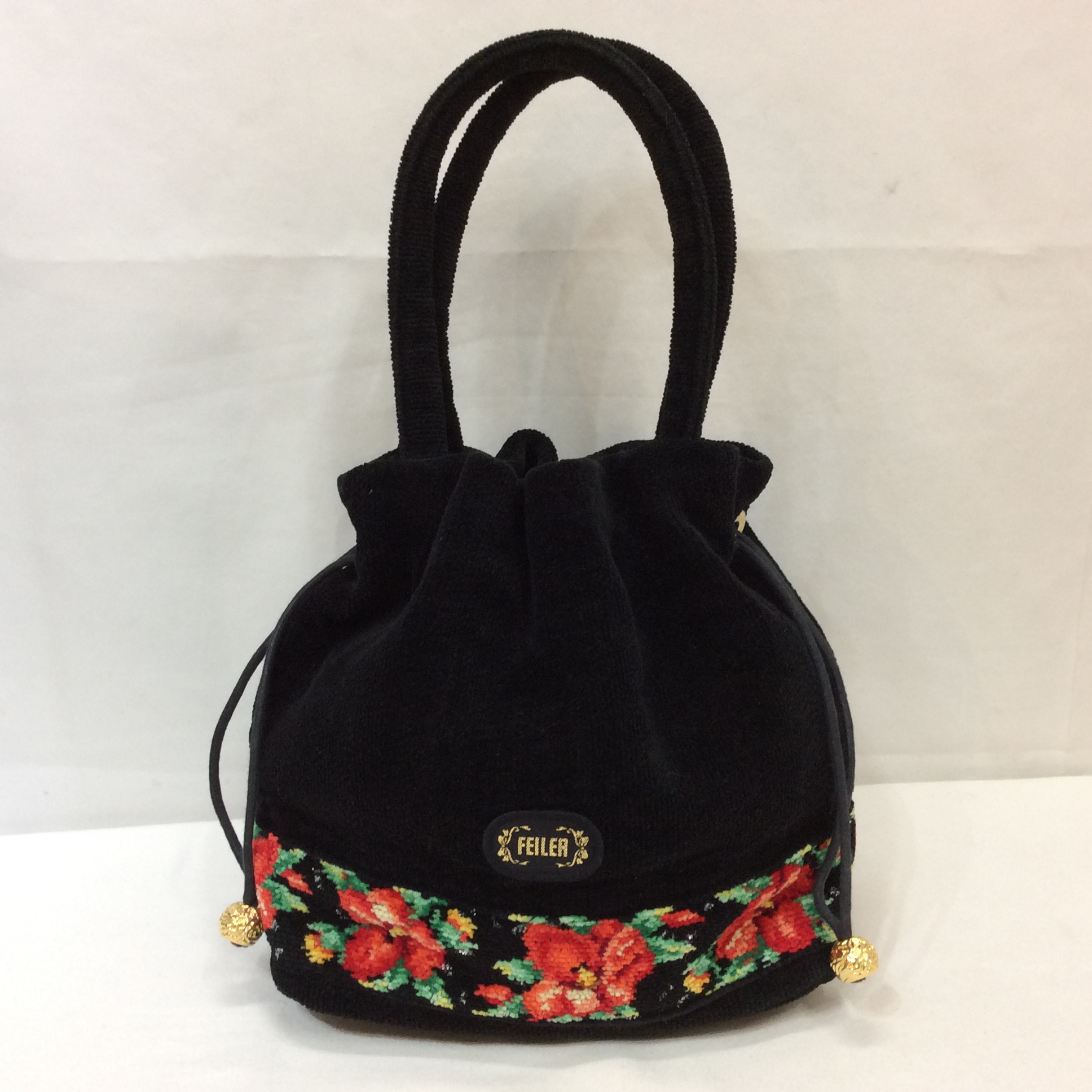 FEILER フェイラー ハンドバッグ ブラック花柄 巾着タイプ