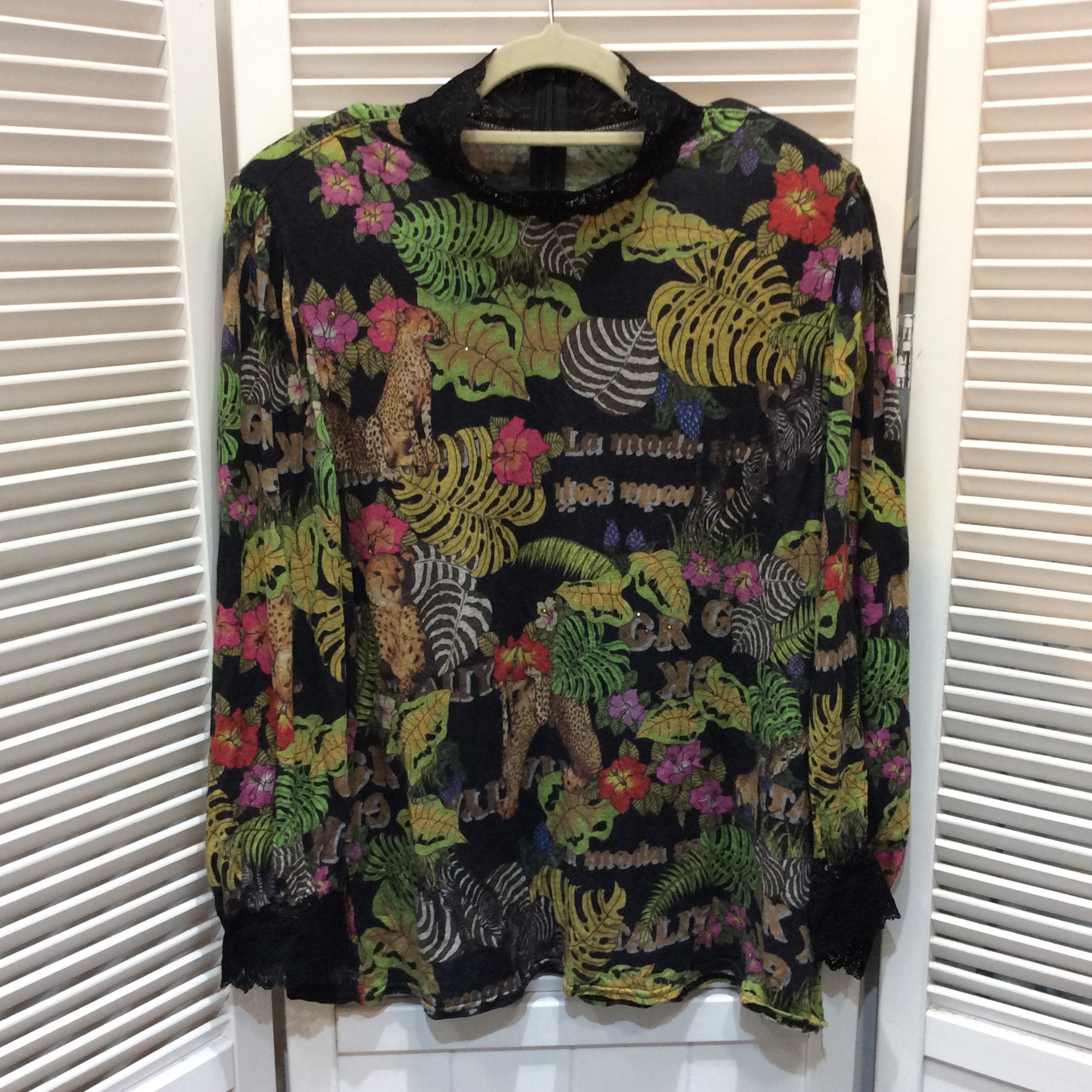 伊太利屋 タートルカットソー 13号 ブラック系×カラー レース