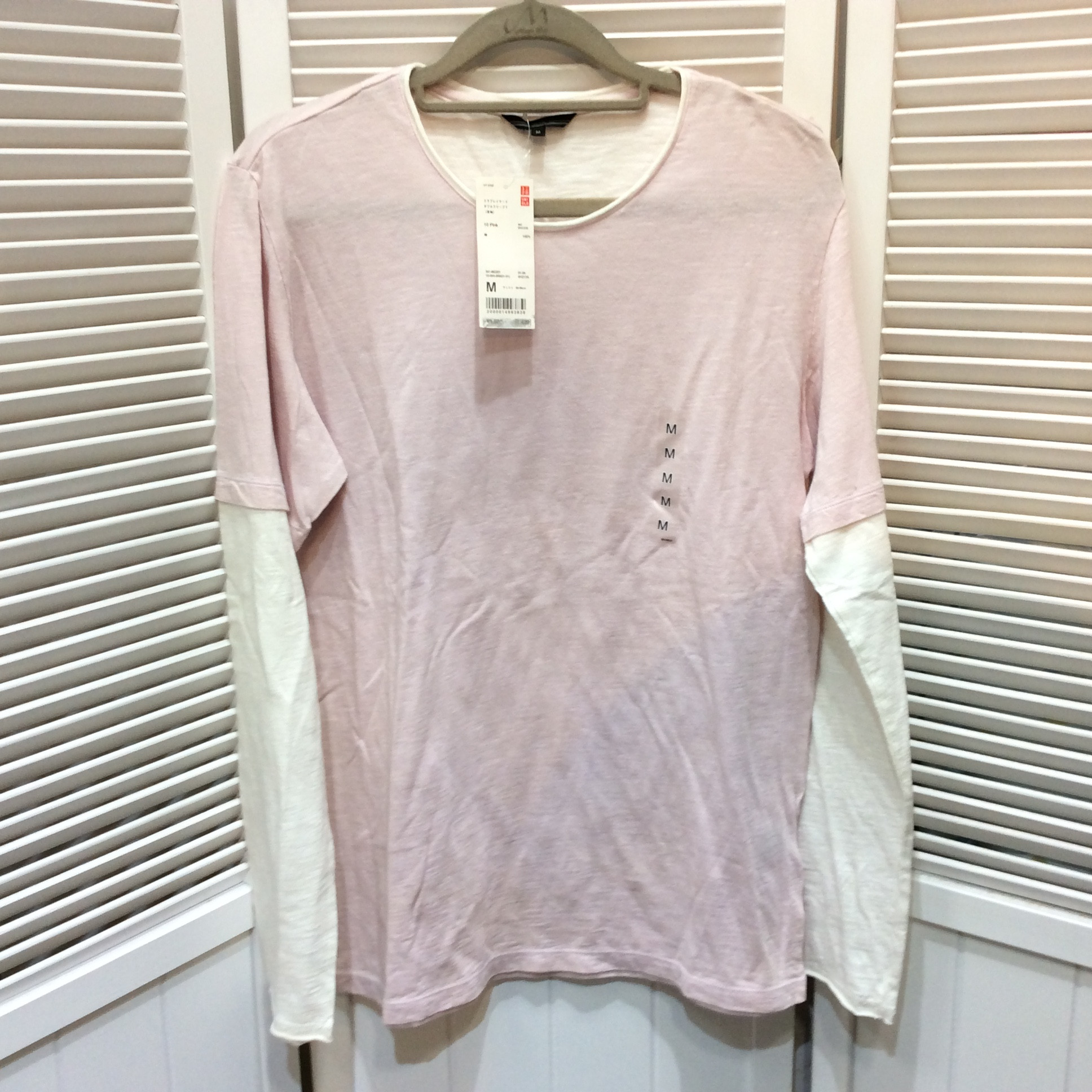 未使用☆ユニクロ メンズ スラブレイヤード ダブルスリーブT M ピンク