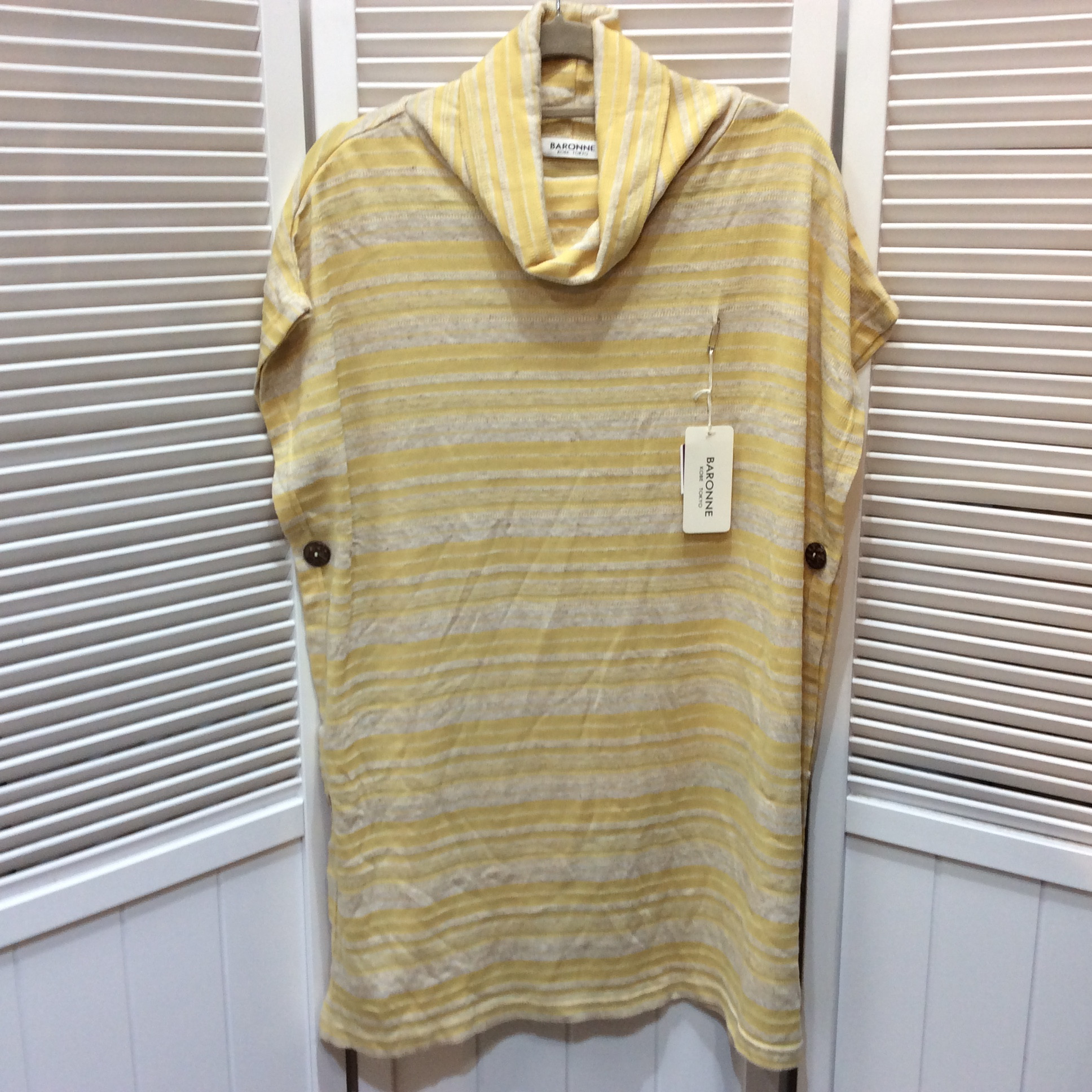 未使用☆麻混タートルプルオーバー F イエロー×生成り