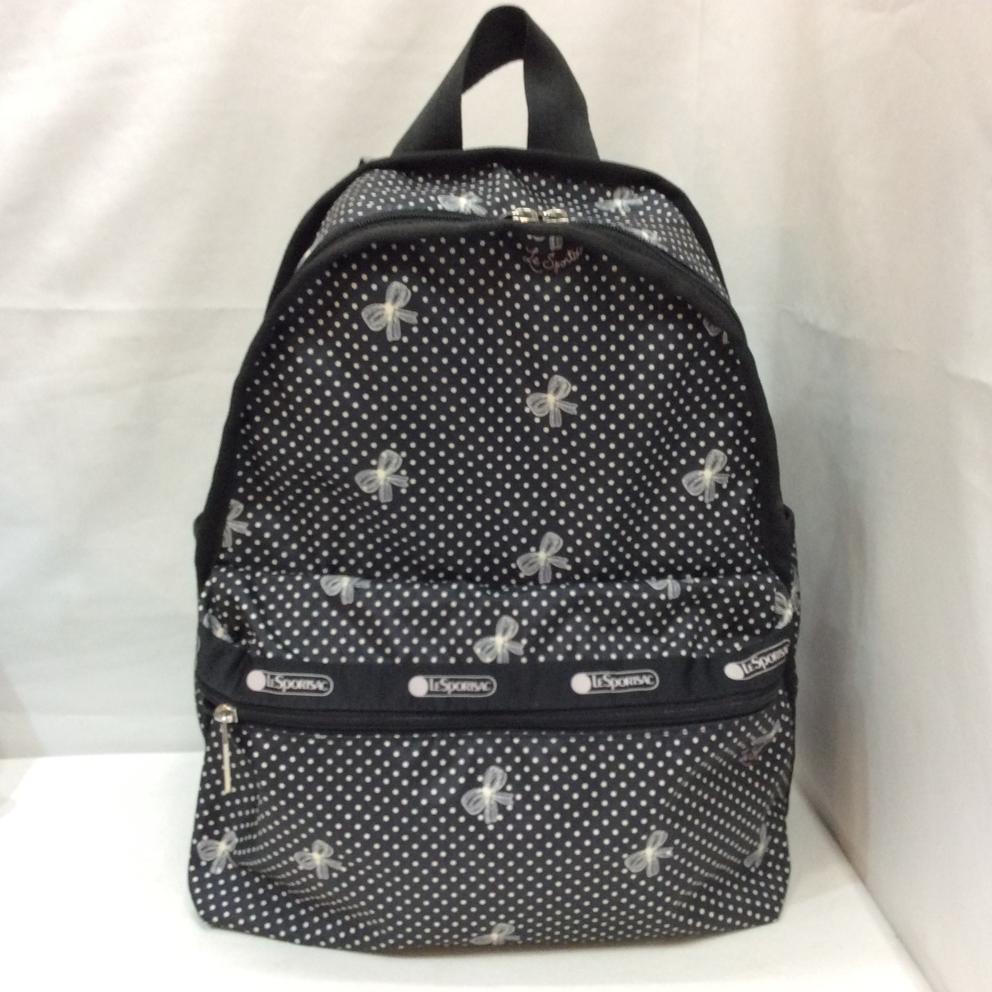 レスポートサック ナイロンリュック ブラック×ホワイトドット＆リボン柄