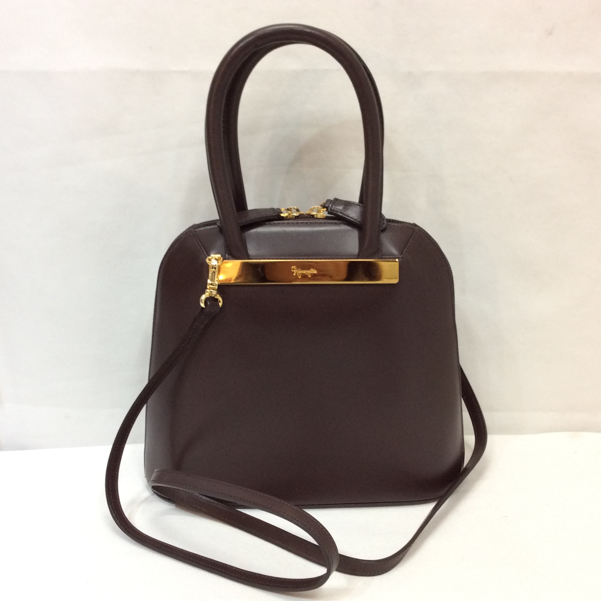 銀座かねまつ ショルダー付き レザーハンドバッグ ダークブラウン