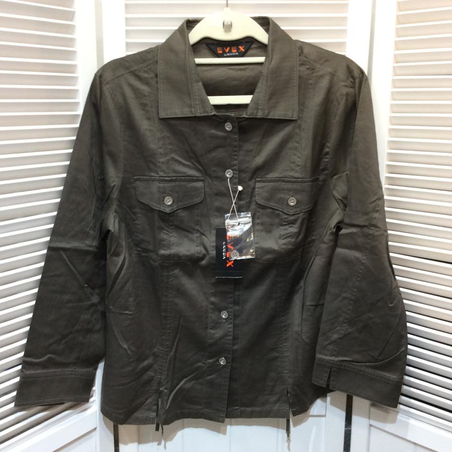 未使用☆EVEX by KRIZIA エヴェックス バイ クリツィア 麻混 綿ブラウジャケット 46 15号 カーキ系 三陽商会