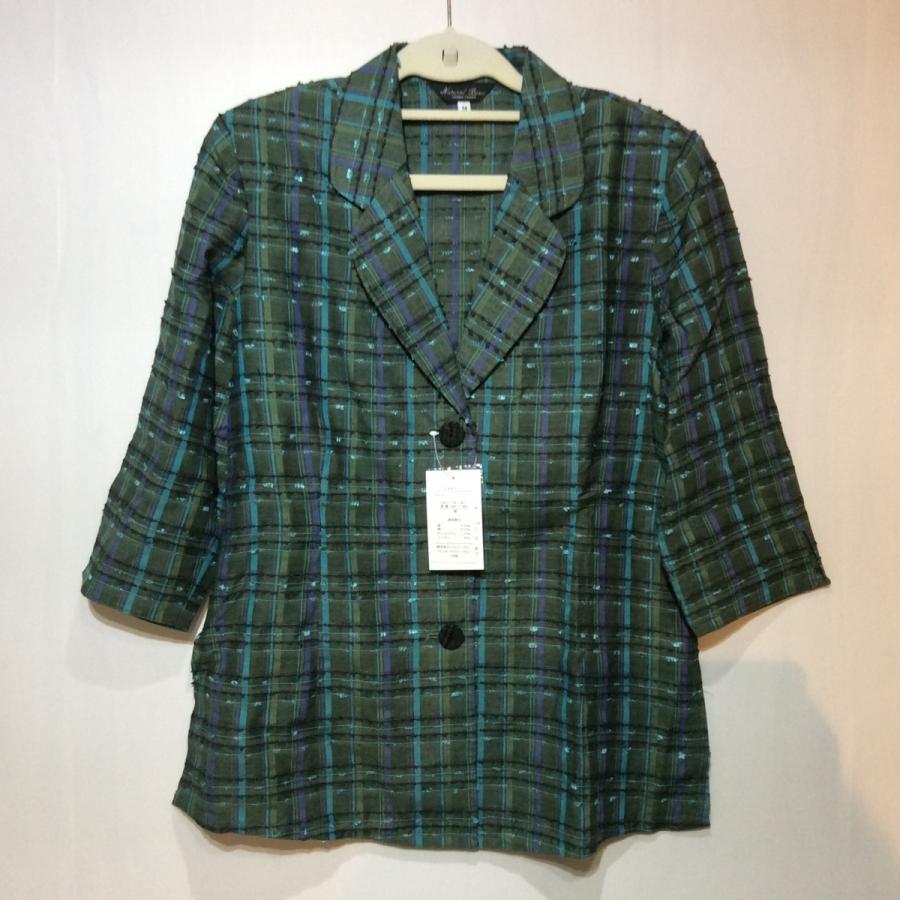 未使用☆婦人 麻混ジャケット M グリーン×チェック柄 リネン