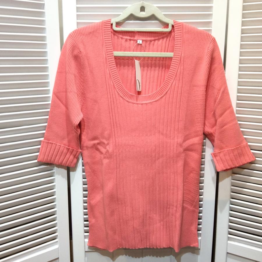 新品☆DHC ディーエイチシー レディース 着やせニットUネック L コーラルピンク