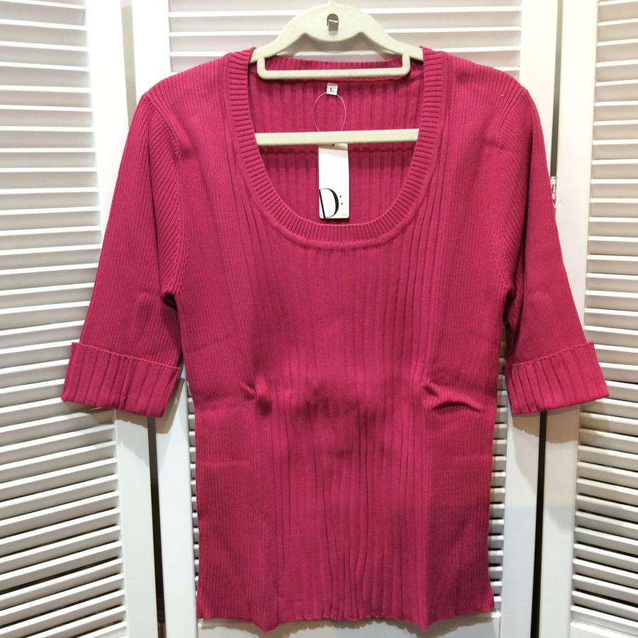 新品☆DHC ディーエイチシー レディース 着やせニットUネック L ローズピンク