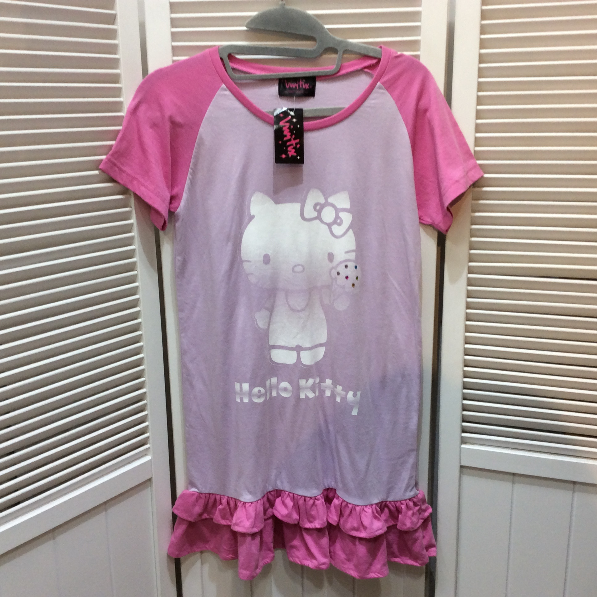 未使用☆ハローキティ フリル ロングTシャツ M ピンク×パープル シミあり ラグラン袖 サンリオ