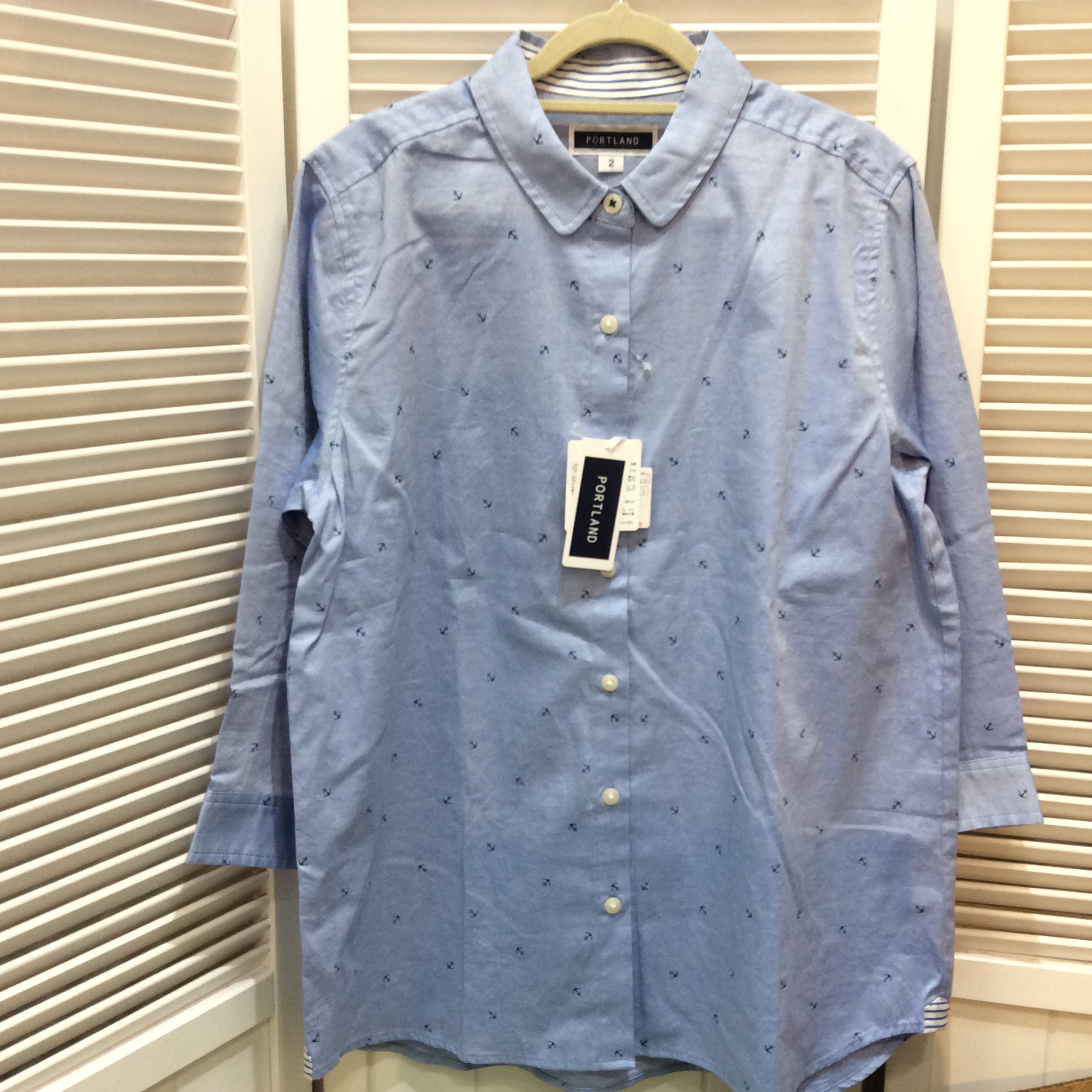 未使用 PORTLAND ブラウス サイズ2   水色／プリント柄