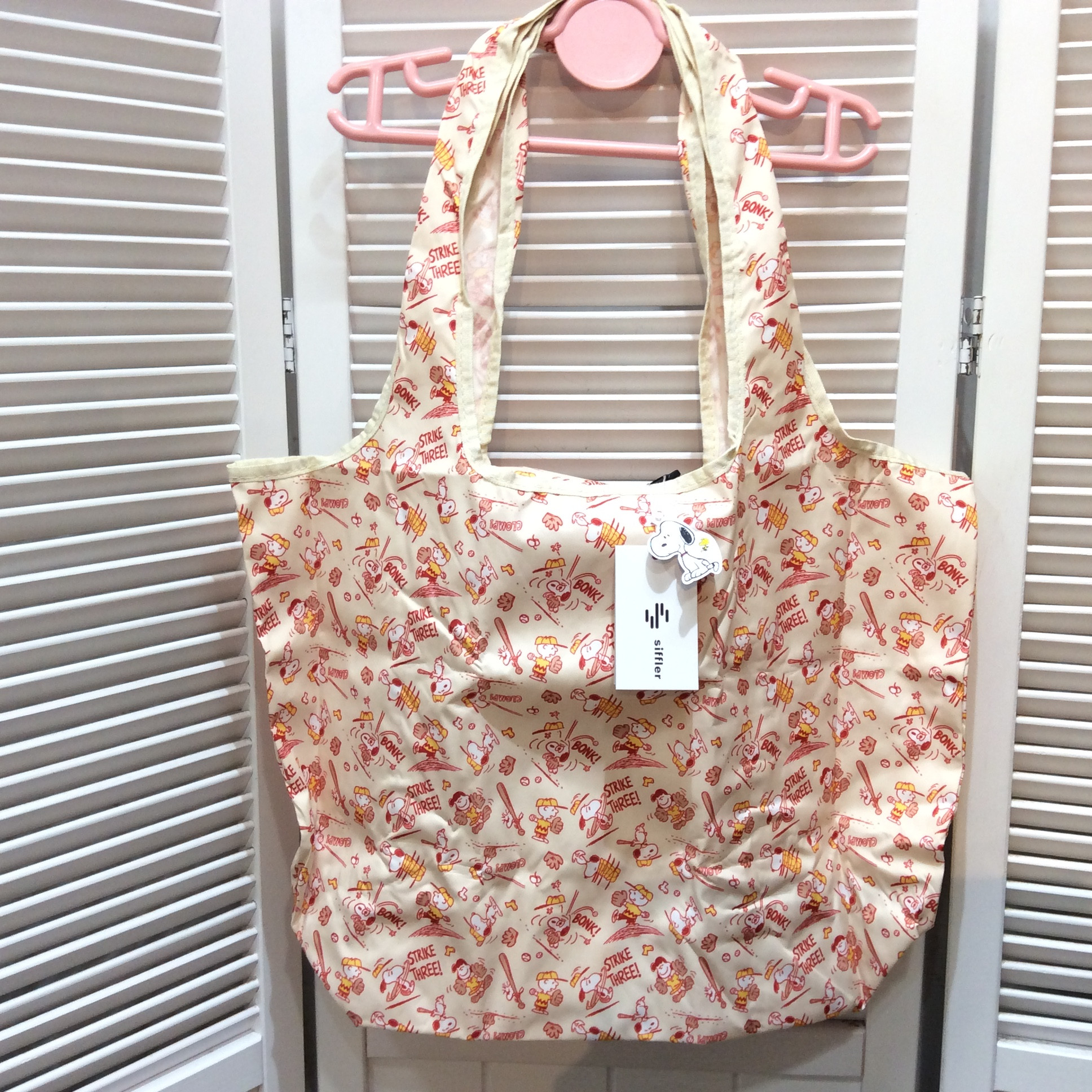 新品 スヌーピー 折りたたみエコバッグ  ベージュ／ベースボール