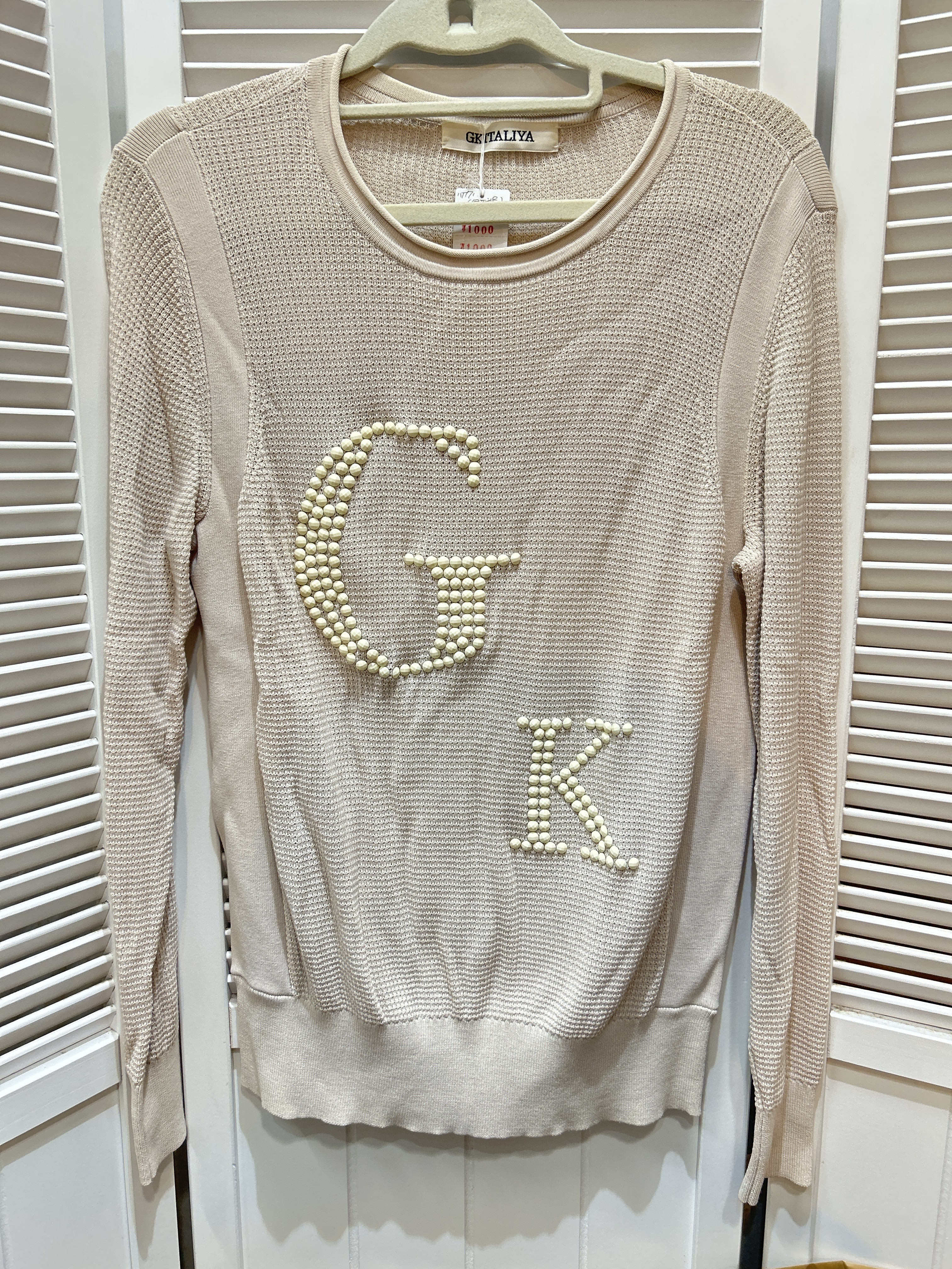 伊太利屋 長袖セーター 11号 アイボリー系 ビーズ