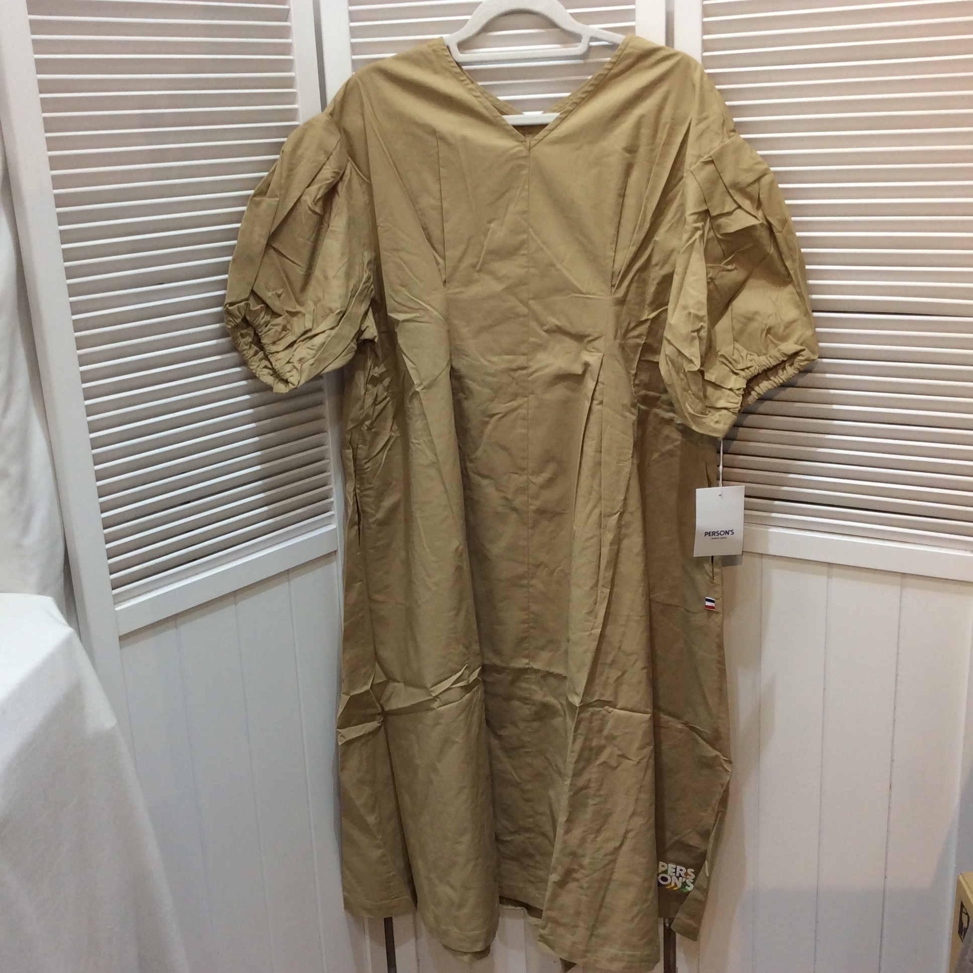 未使用☆PERSON'S パーソンズ タック袖 ストレッチコットン ロングワンピース LL ベージュ