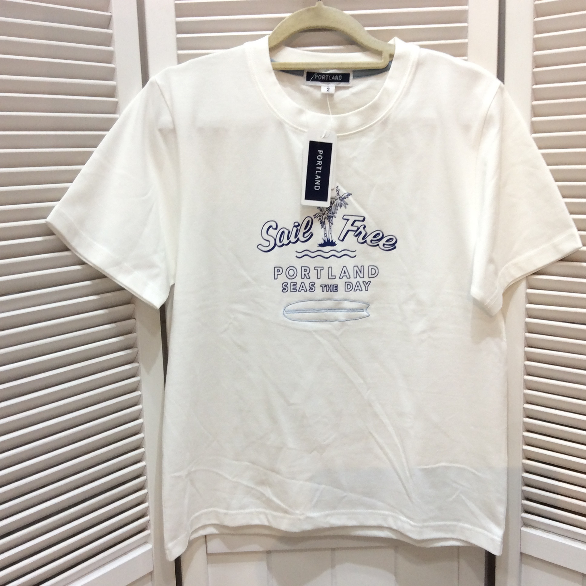 未使用 PORTLAND 吸水速乾 Tシャツ  サイズ2  ホワイト／プリント柄