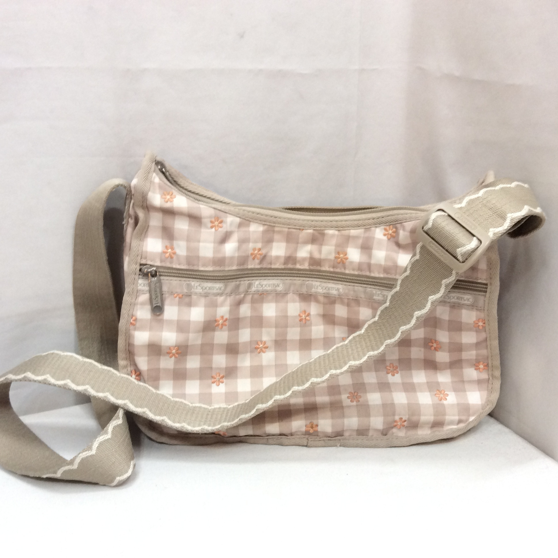 レスポートサック ナイロンショルダーバッグ  ベージュチェック／刺繍