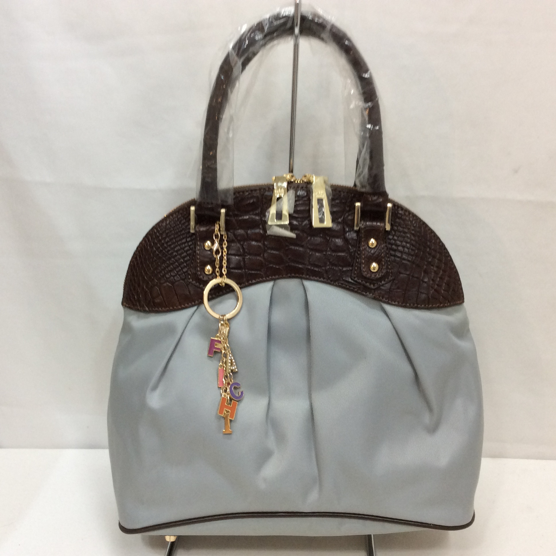 未使用☆Falchi New York ファルチニューヨーク ハンドバッグ ナイロン レザー クロコダイル型押し ロゴ チャーム付き