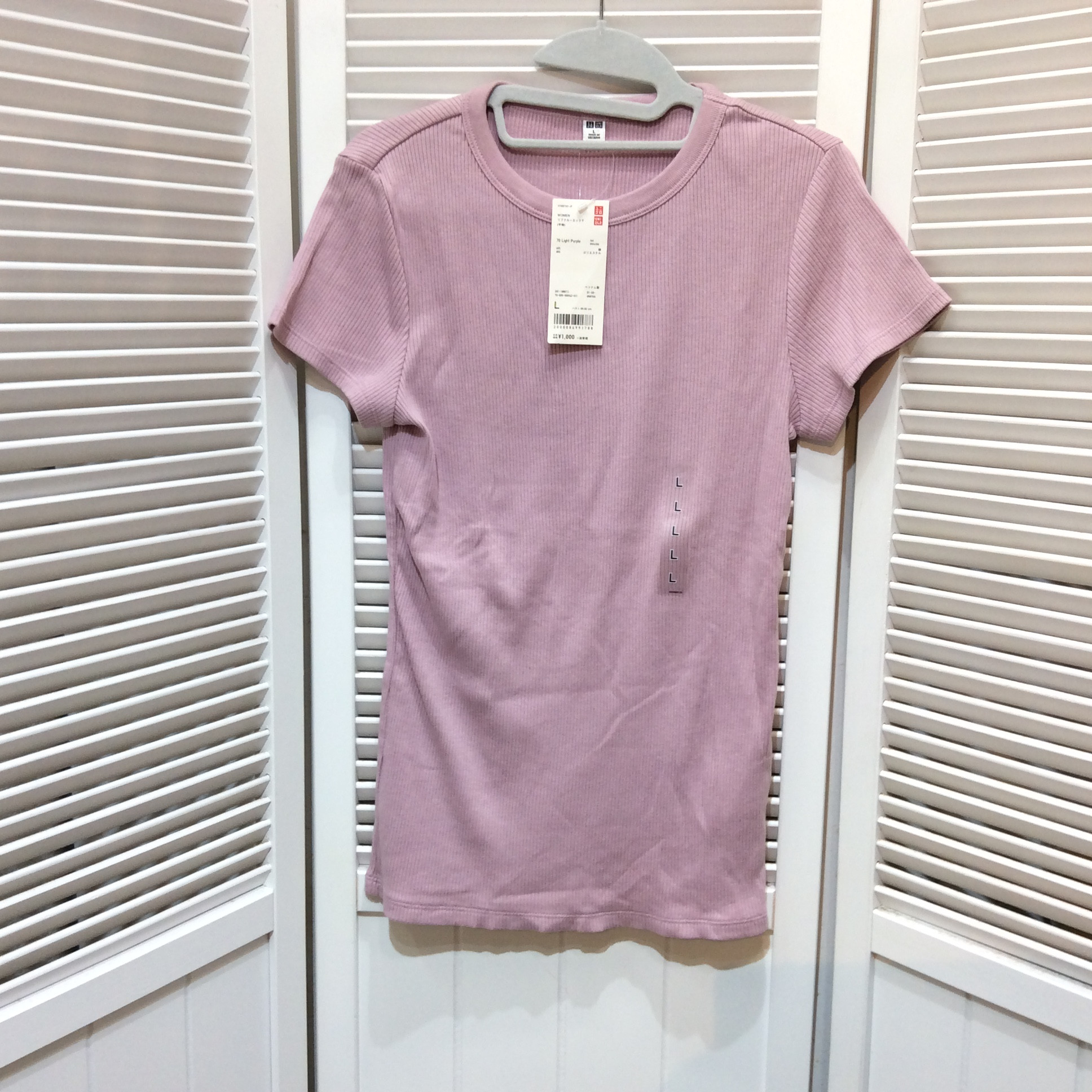 未使用 ユニクロ リブクルーネックTシャツ Lサイズ ライトパープル