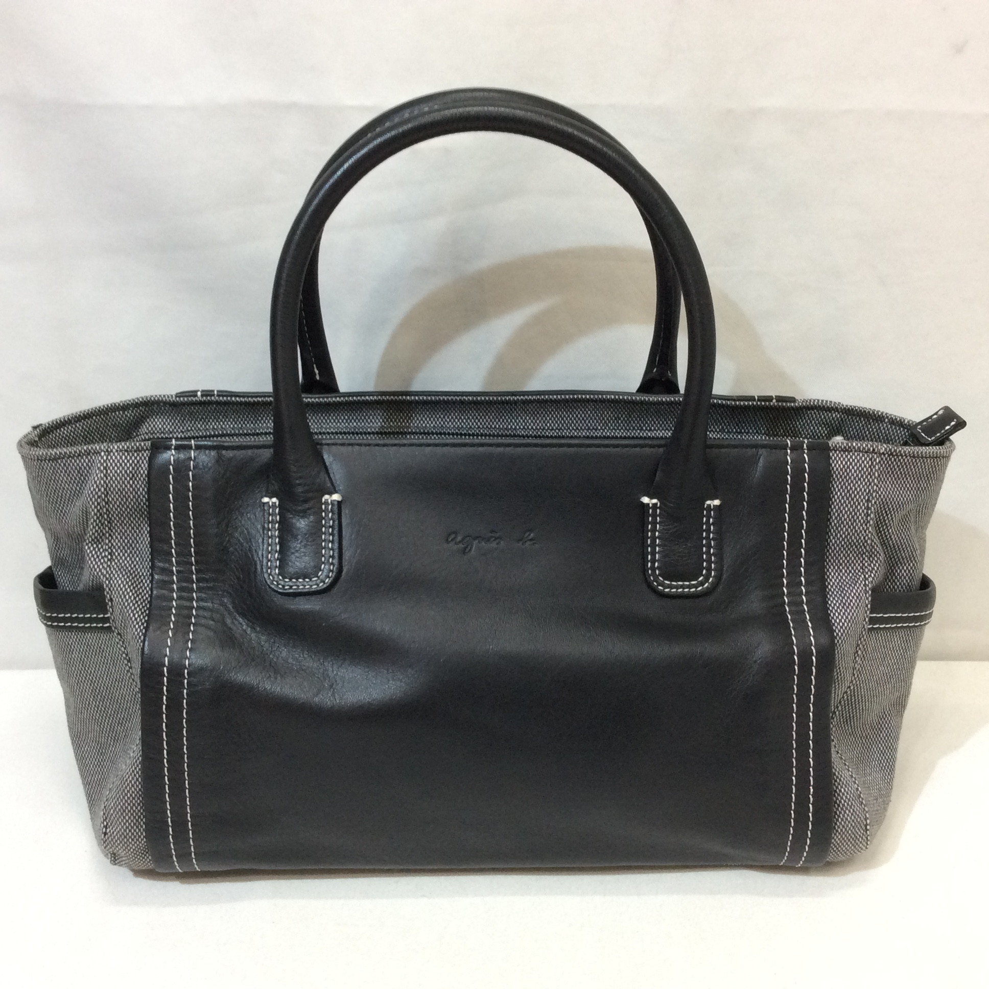 アニエスb. レザー×布 ハンドバッグ ブラック×グレー