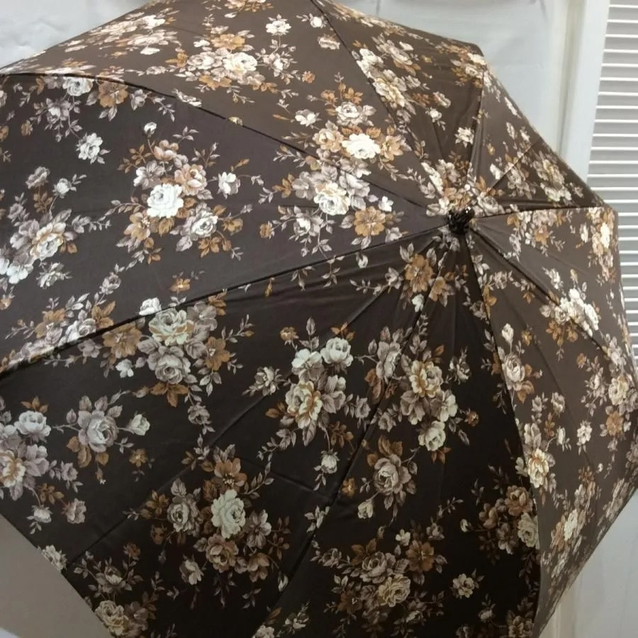 新品☆折りたたみ日傘 百貨店商材 ブラウン フラワー柄 袋付き シルク素材