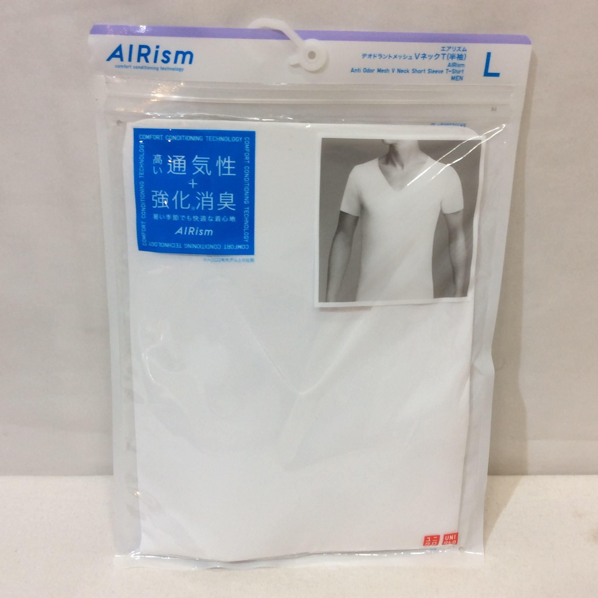 未使用☆UNIQLO ユニクロ AIRism エアリズム メンズ デオドラントメッシュ VネックT(半袖) L ホワイト