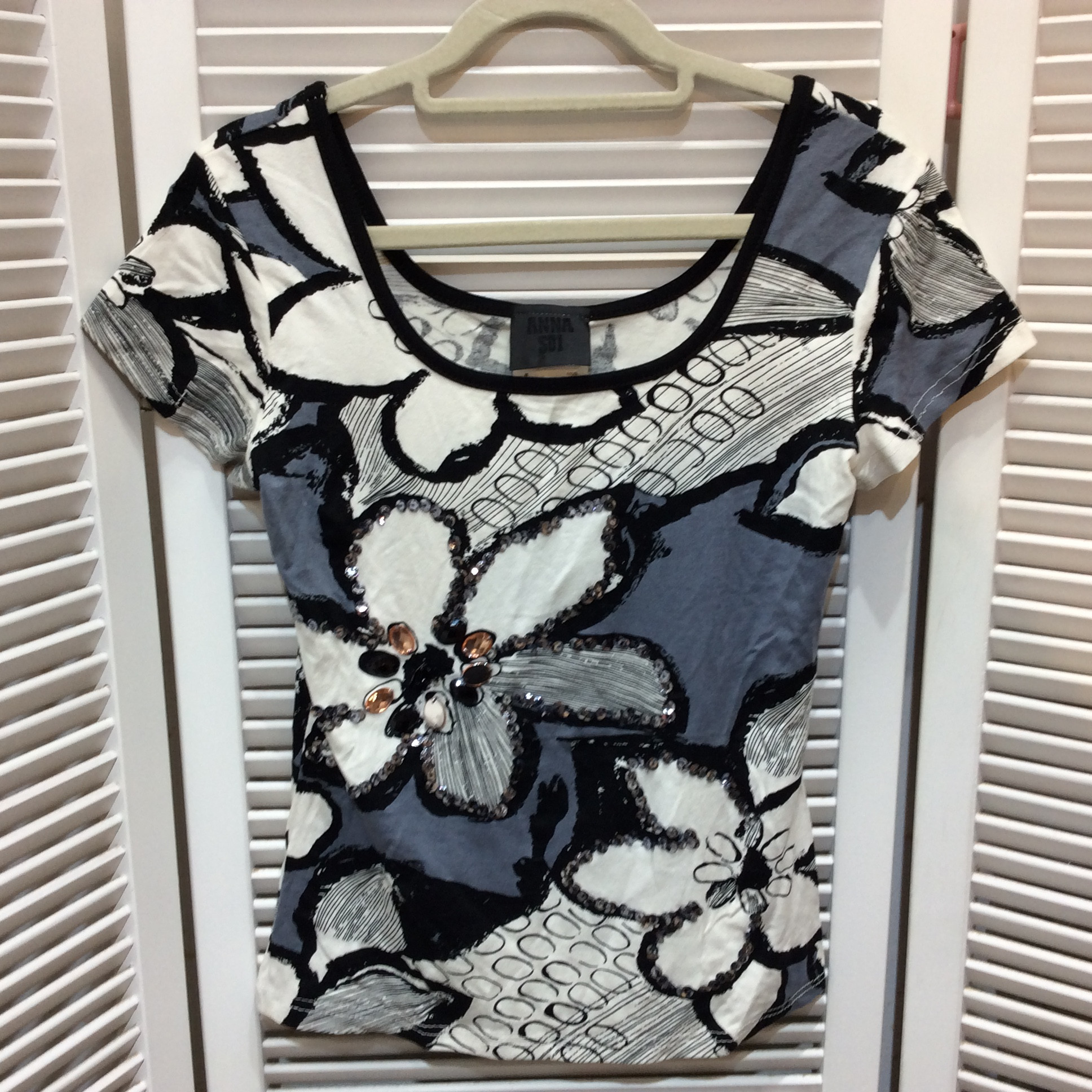 ANNA SUI アナスイ ビジュー付き フレンチ Tシャツ ホワイト×グレー×ブラック