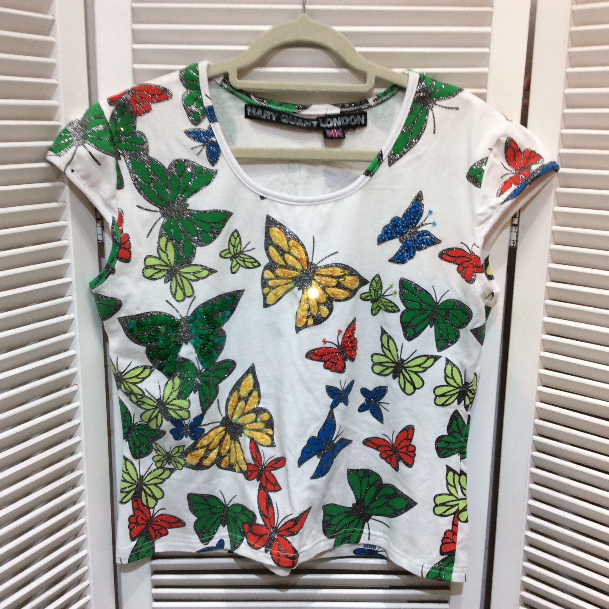 MARY QUANT LONDON マリークワント フレンチ袖 Tシャツ M ホワイト×カラー バタフライ ビーズ スパンコール