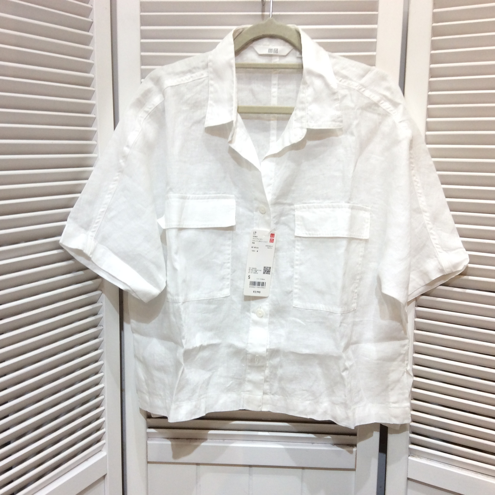 新品 ユニクロ プレミアムリネン スキッパーボクシーシャツ Sサイズ ホワイト