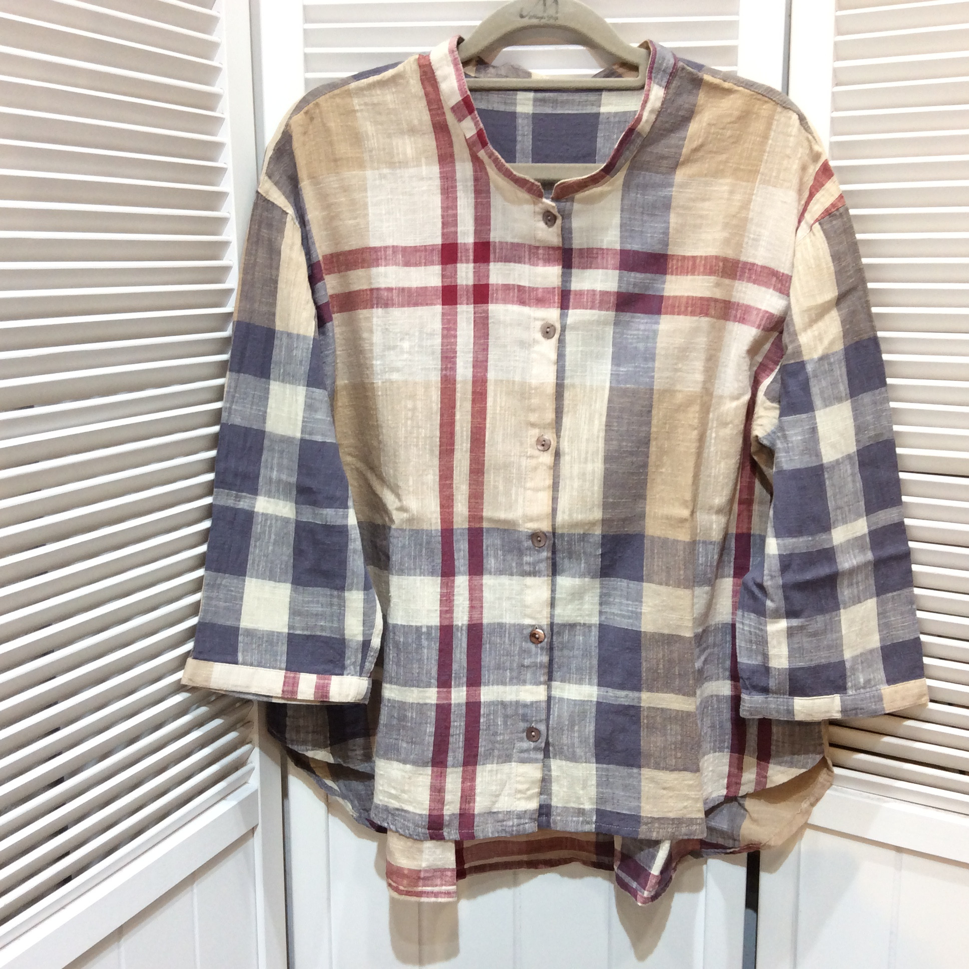 綿ブラウス  サイズM  ベージュチェック柄  美品