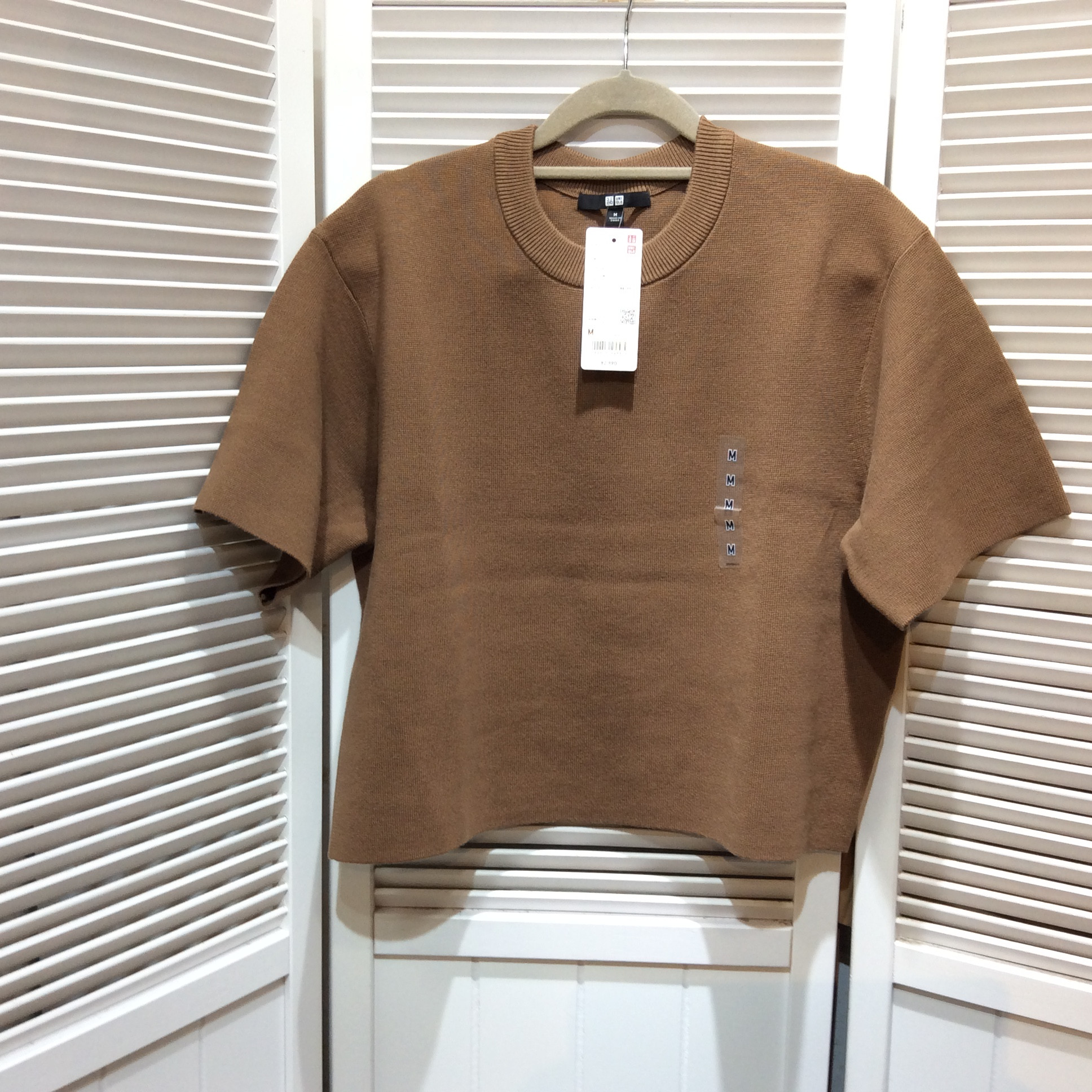 新品 ユニクロ ウォッシャブル ミラノリブ 半袖セーター M 茶