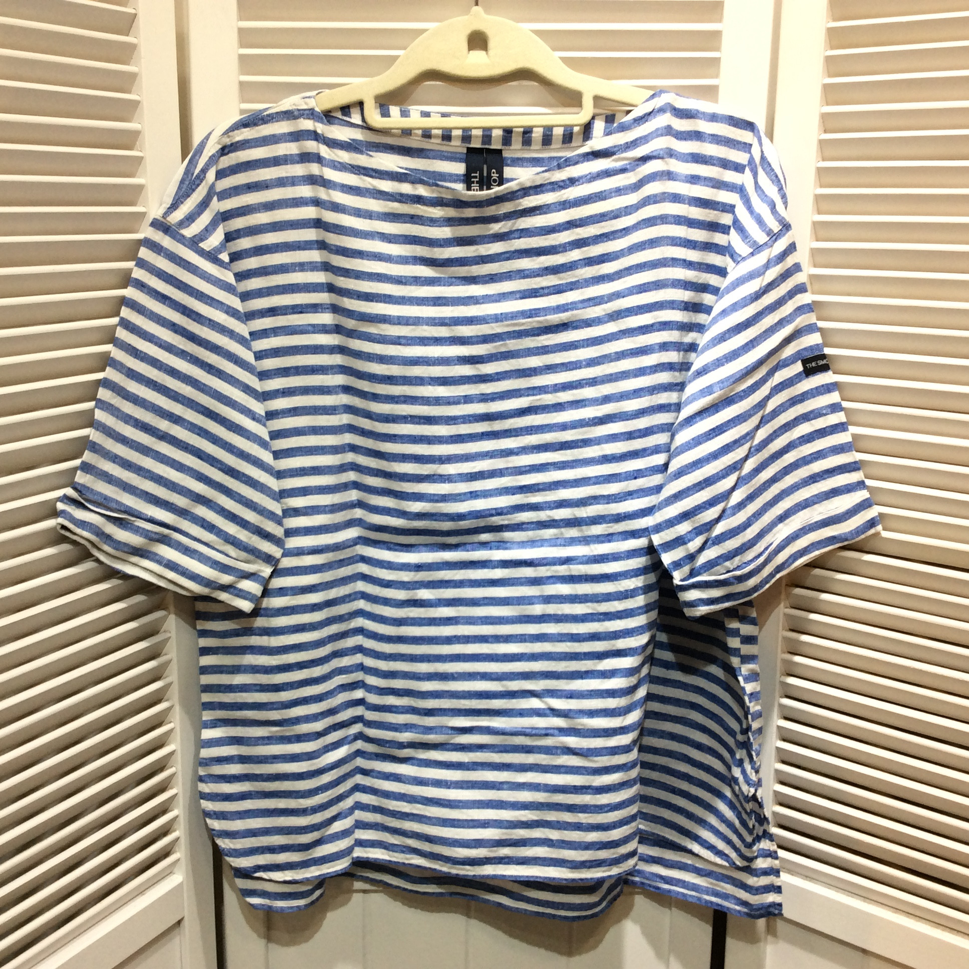 THE SMOCK SHOP ザ スモックショップ 麻 半袖シャツ S ホワイト×ブルー ボーダー柄