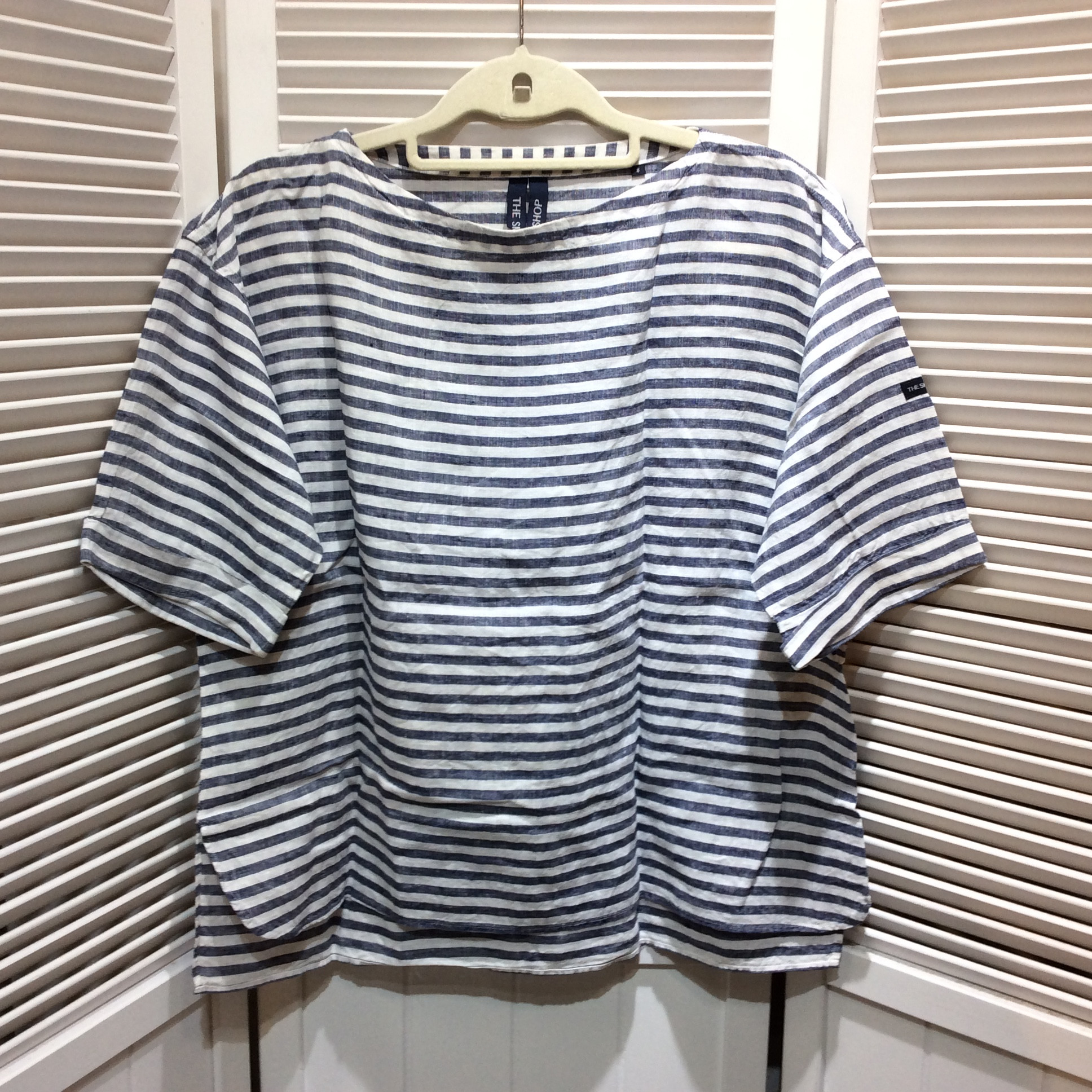 THE SMOCK SHOP ザ スモックショップ 麻 半袖シャツ S ホワイト×ネイビー系 ボーダー柄