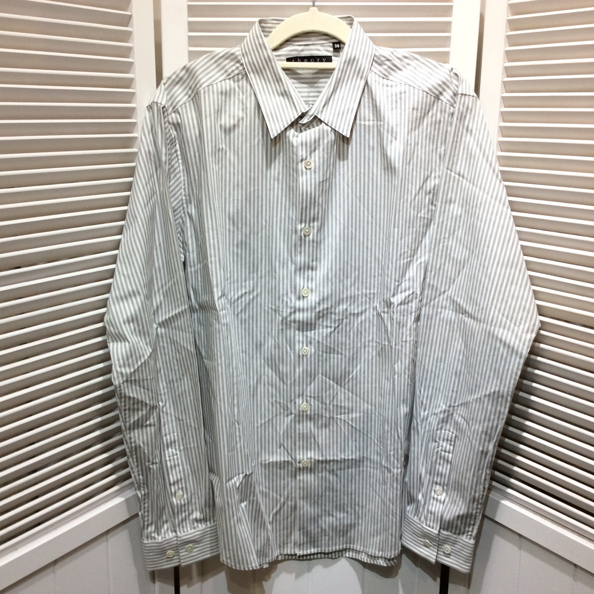未使用☆theory セオリー メンズ 長袖シャツ 38 ホワイト×グレー ストライプ