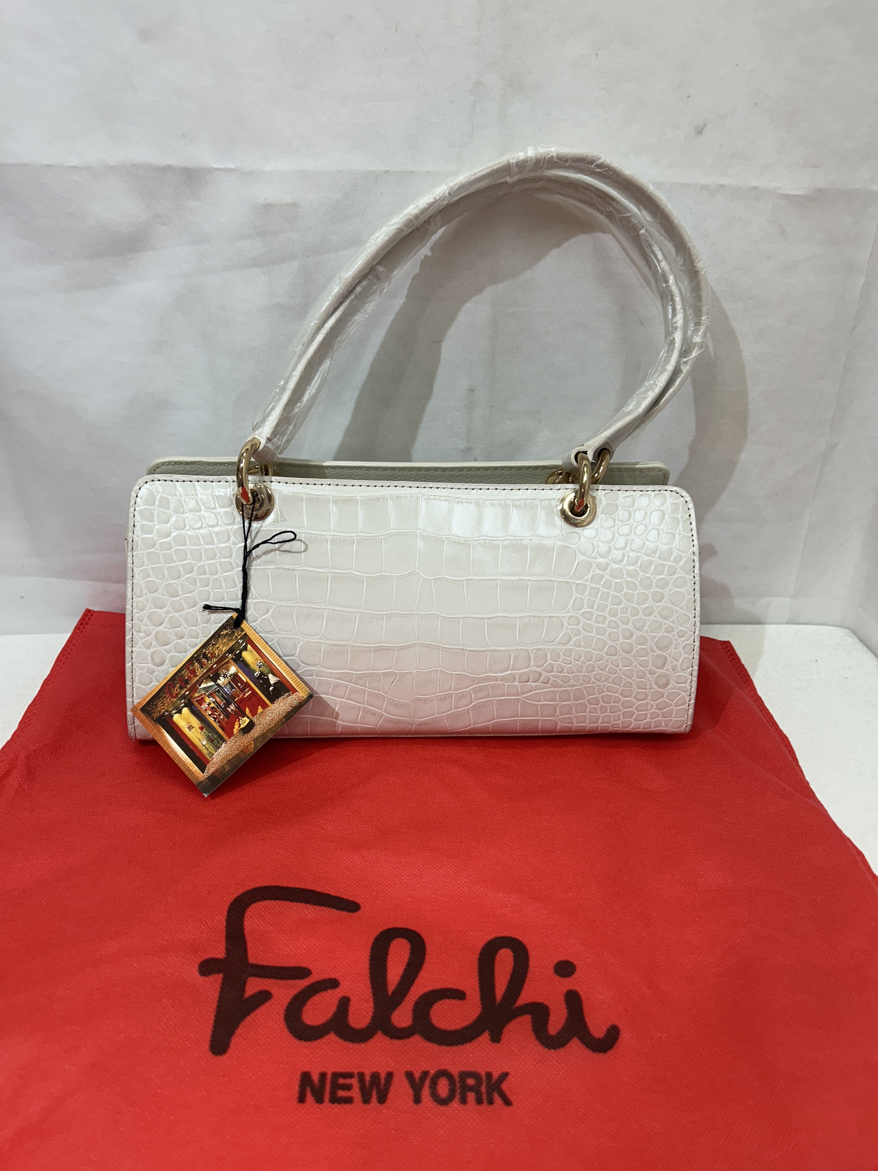 未使用 Falchi New York ハンドバッグ 牛革 クロコダイル型押し ホワイト