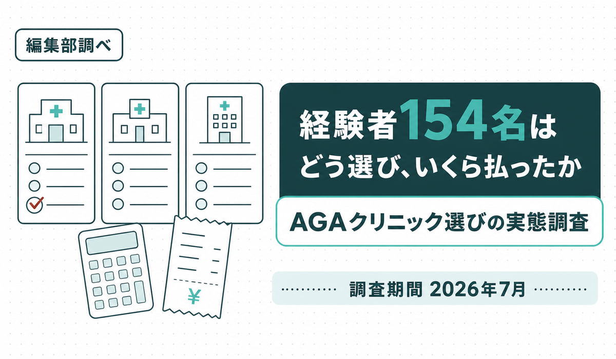 AGAクリニック選びの実態調査の見出しイラスト。3枚のクリニック候補カードのうち1枚にチェックを入れ、電卓とレシートを添えた図（編集部調べ・2026年7月）