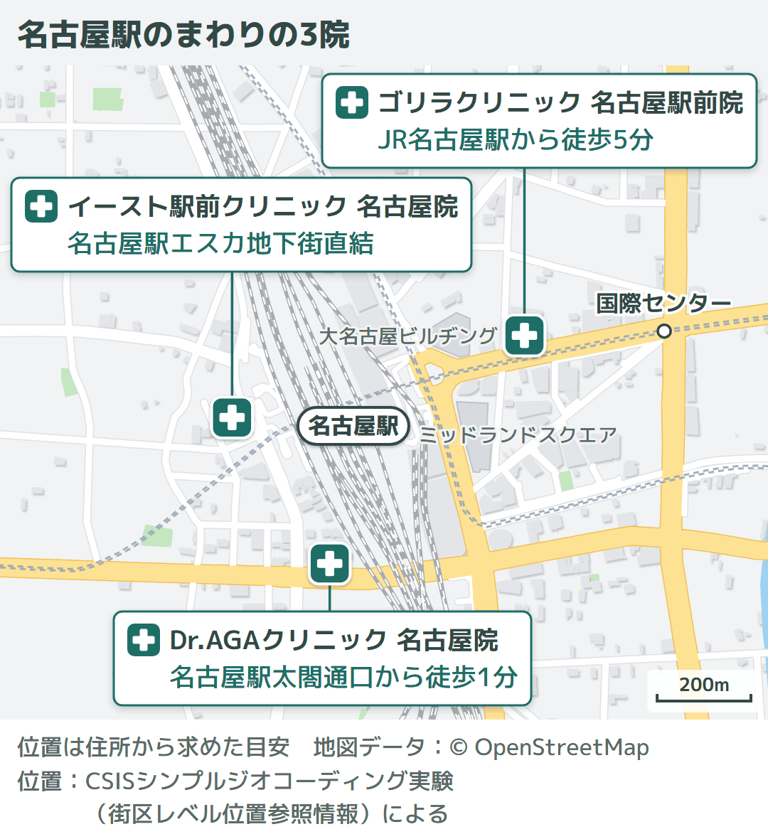 名古屋駅のまわりの地図に、イースト駅前クリニック 名古屋院・Dr.AGAクリニック 名古屋院・ゴリラクリニック 名古屋駅前院の場所と、最寄り駅から歩く時間を示した図(編集部調べ)