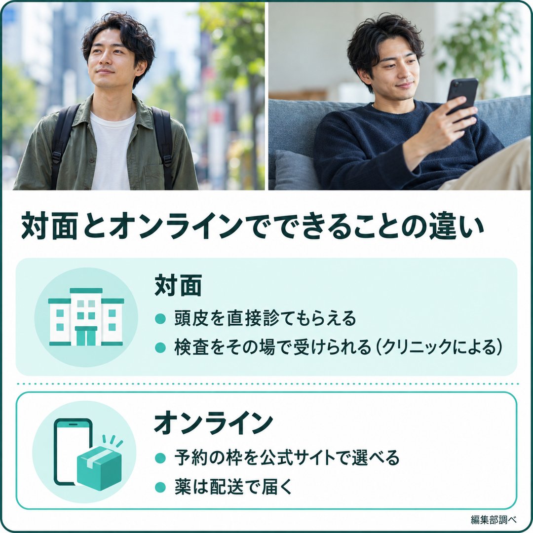 対面とオンラインでできることの違いを示す図。対面は頭皮を直接診てもらえて、検査をその場で受けられる(クリニックによる)。オンラインは予約の枠を公式サイトで選べて、薬は配送で届く(編集部調べ)
