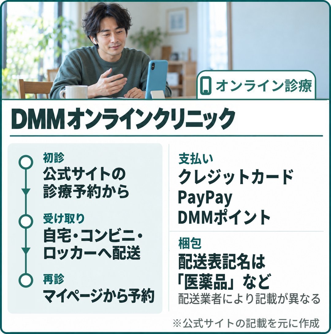 DMMオンラインクリニック:初診は公式サイトの診療予約から、再診はマイページから予約。支払いはクレジットカード・PayPay・DMMポイント。受け取りは自宅・コンビニ・ロッカーへ配送。配送表記名は「医薬品」など(配送業者により記載が異なる)