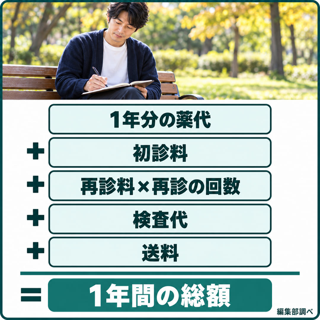 1年間の総額を出す足し算の図。1年分の薬代に、初診料、再診料×再診の回数、検査代、送料を足すと1年間の総額になる(編集部調べ)