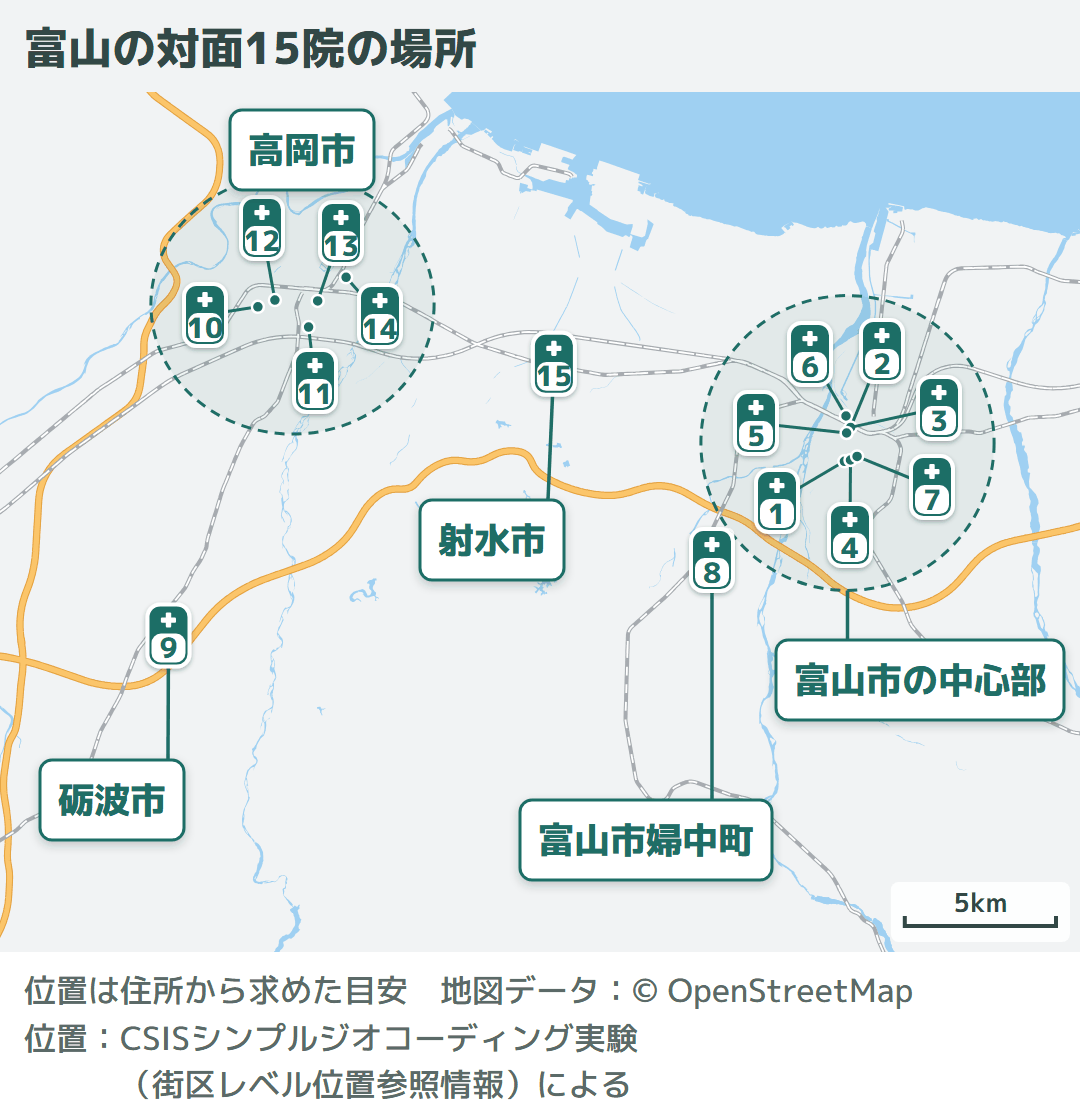 富山県の地図に、対面で紹介する15院の場所を番号で示した図(呉東8院・呉西7院。編集部調べ)