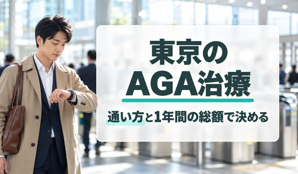 東京の駅の改札を背に、腕時計に目を落とす男性と、『東京のAGA治療』『通い方と1年間の総額で決める』の文字を入れた見出し(写真はAIで作成したイメージ・編集部調べ)