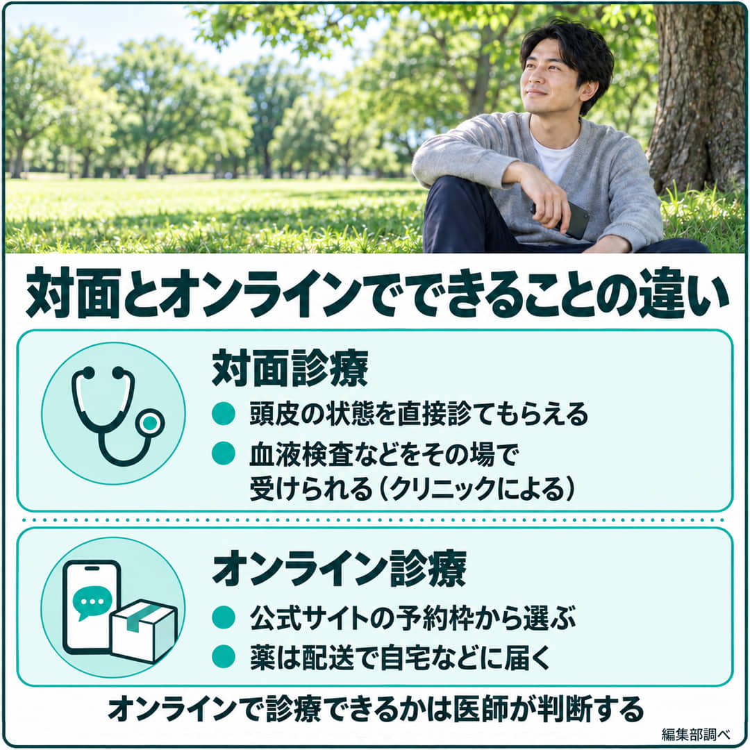 対面とオンラインでできることの違いを示す図。対面診療は頭皮の状態を直接診てもらえて、血液検査などをその場で受けられる(クリニックによる)。オンライン診療は公式サイトの予約枠から選べて、薬は配送で自宅などに届く。オンラインで診療できるかは医師が判断する(編集部調べ)