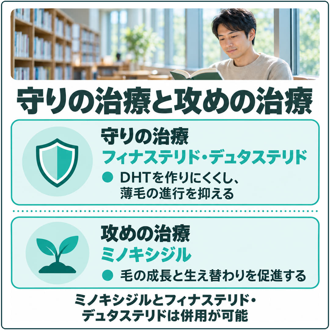 守りの治療と攻めの治療の比較図。守りはフィナステリド・デュタステリドで薄毛の進行を抑え、攻めはミノキシジルで毛の成長と生え替わりを促進する