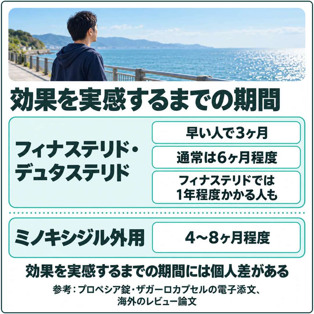 薬ごとに効果を実感するまでの期間を示した図。フィナステリド・デュタステリドは通常6ヶ月程度、ミノキシジル外用は4〜8ヶ月程度で、期間には個人差がある