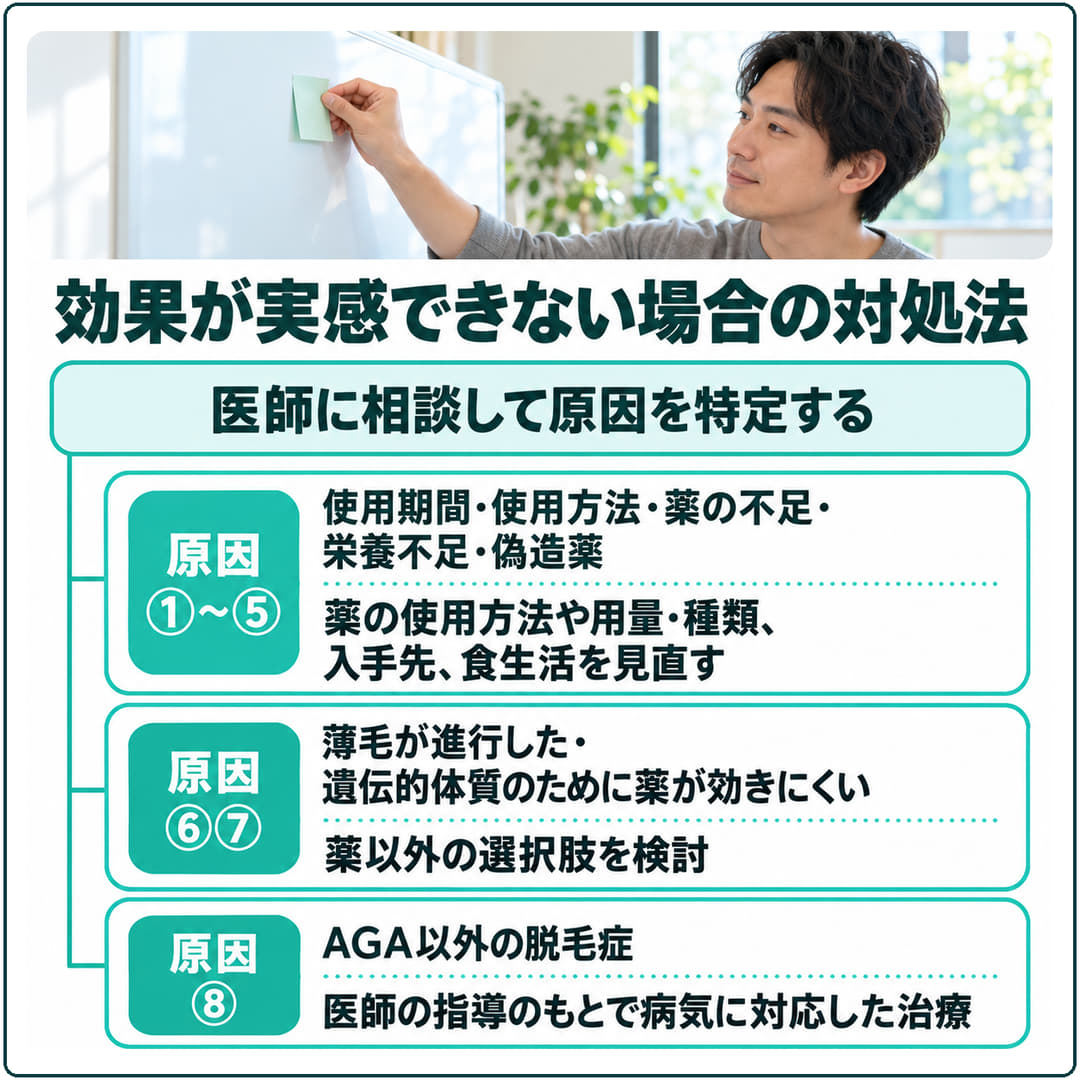 効果が実感できない場合の対処法を原因ごとに分けた図。薬の使い方や入手先などを見直す、薬以外の選択肢を検討する、AGA以外の脱毛症に対応した治療を受ける、の3つに分かれる