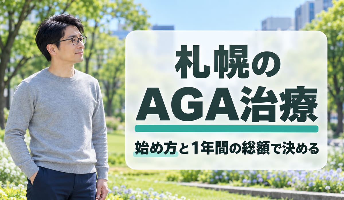 街なかの公園で花壇の脇に立ち、見出しの文字のほうを見る男性と、『札幌のAGA治療』『始め方と1年間の総額で決める』の文字を入れた見出し(写真はAIで作成したイメージ・編集部調べ)