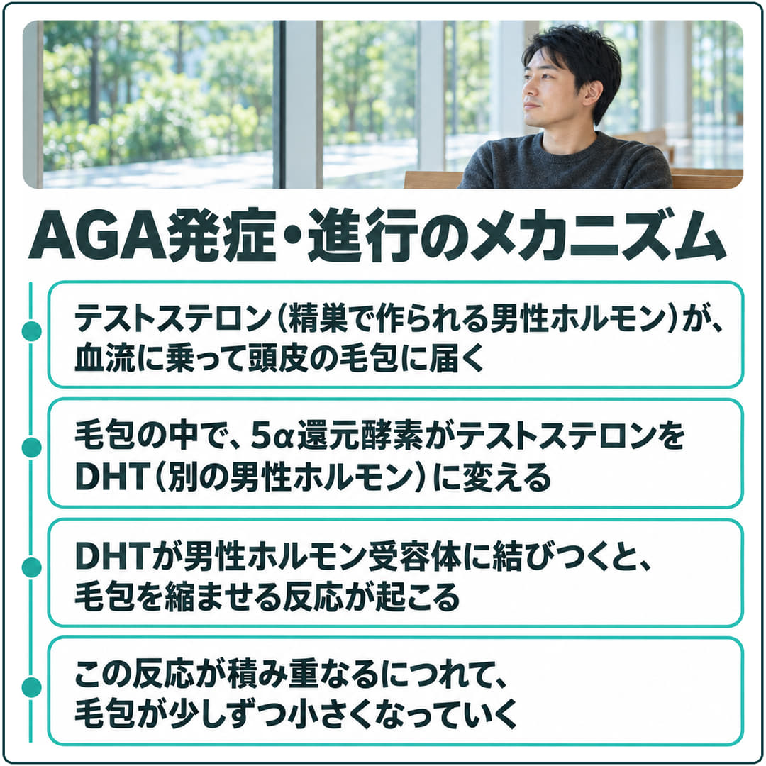 AGA発症・進行のメカニズムを4段で示した図。テストステロンが5α還元酵素でDHTに変わり、男性ホルモン受容体に結びつく反応が積み重なって、毛包が少しずつ小さくなっていく