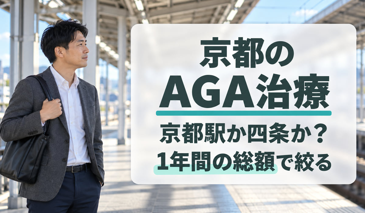 朝の駅のホームで電車を待つ通勤着の男性と、『京都のAGA治療』『京都駅か四条か?』『1年間の総額で絞る』の文字を入れた見出し(写真はAIで作成したイメージ・編集部調べ)