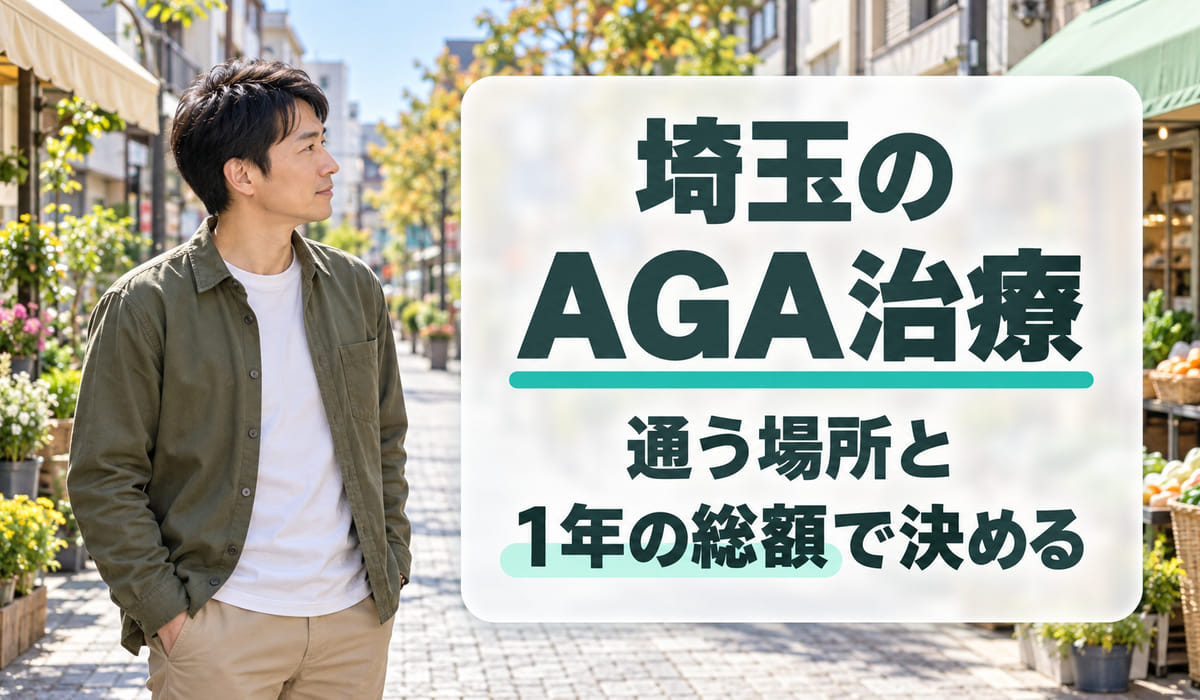 商店街の昼の通りで立ち止まり、見出しの文字のほうを見る男性と、『埼玉のAGA治療』『通う場所と1年の総額で決める』の文字を入れた見出し(写真はAIで作成したイメージ・編集部調べ)