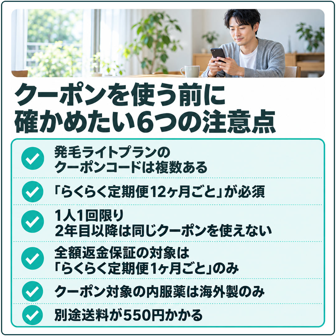 AGAクーポンを使う前に確かめたい6つの注意点の図。発毛ライトプランのコードは複数ある、「らくらく定期便12ヶ月ごと」が必須、1人1回限り、全額返金保証は「らくらく定期便1ヶ月ごと」のみ、内服薬は海外製のみ、送料550円は別途