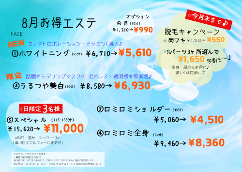 ８月何回入ってもこの価格！お得エステ　