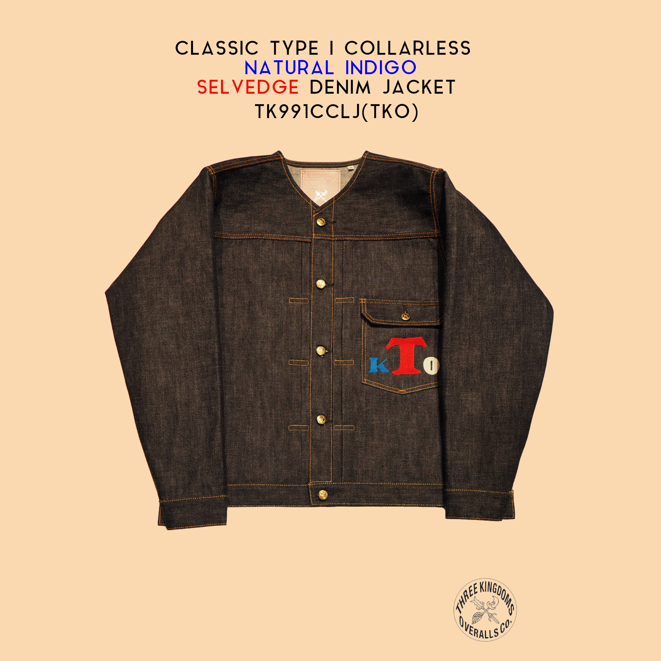 CLASSIC TYPE Ⅰ COLLARLESS NATURAL INDIGO SELVEDGE DENIM JACKET TK991CCLJ(TKO)公式オンラインショップにて販売開始📣📣。