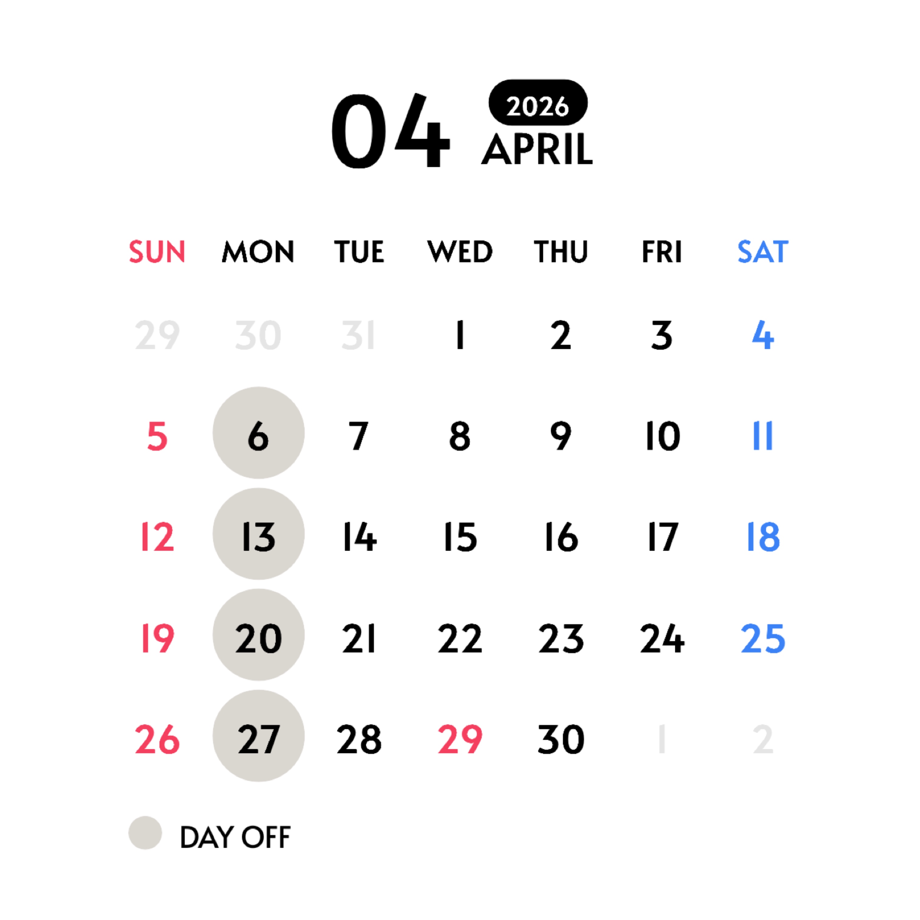 4月の営業スケジュールについて